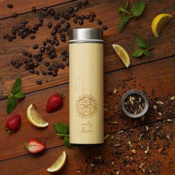 Insulated Bamboo Tea Travel Tumbler with Infuser, Strainer & Sleeve - For Hot Coffee or Cold Tea, Stainless Steel Coffee Mug, Ideal Tea Gift Set for Tea Lovers, Keeps Beverages Hotter for Longer