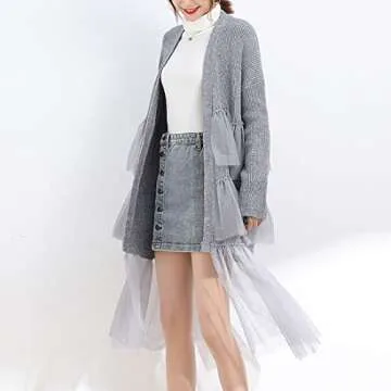 ONLYWOOD Women Sweet Tulle Layer Patchwork Knit Open Front Cardigan Sweater Long(Grey,Free)