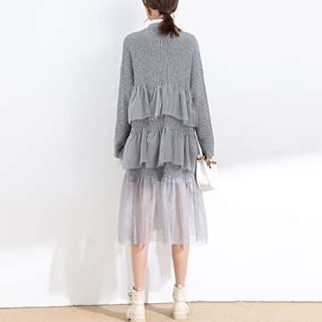 ONLYWOOD Women Sweet Tulle Layer Patchwork Knit Open Front Cardigan Sweater Long(Grey,Free)