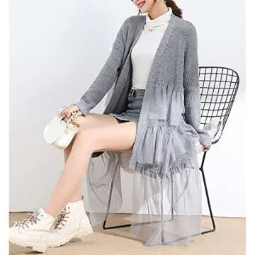 ONLYWOOD Women Sweet Tulle Layer Patchwork Knit Open Front Cardigan Sweater Long(Grey,Free)
