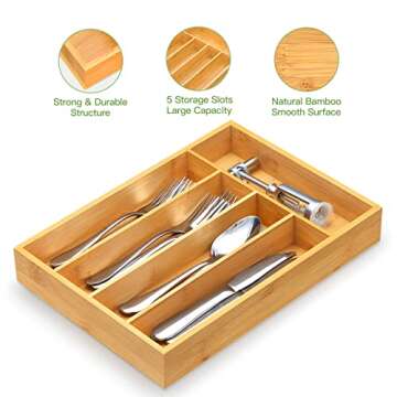 FURNINXS Bamboo Kitchen Drawer Organizer Wooden Silverware Utensil Tray Holder with 5 Small Narrow Compartments for Cutlery Spoons Forks Knives Storage Flatware Organizer 14x10.5x2 inch