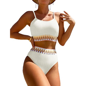 Zuvebamyo Women's High Waisted Swimsuit Two Piece Ribbed Bikini Sets Crop Top High Cut Cheeky Bathin...