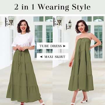 Women's Boho Elastic High Waist A Line Ruffle Swing Beach Maxi Skirt Tired Pleated Drawstring Chiffon Long Skirt Flared Casual Flowy Midi Skirts Smocked Strapless Dress Tube Top Dress Army Green XL