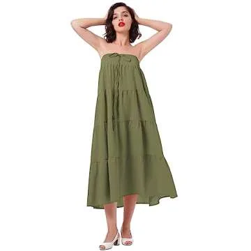 Women's Boho Elastic High Waist A Line Ruffle Swing Beach Maxi Skirt Tired Pleated Drawstring Chiffon Long Skirt Flared Casual Flowy Midi Skirts Smocked Strapless Dress Tube Top Dress Army Green XL
