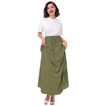 Women's Boho Elastic High Waist A Line Ruffle Swing Beach Maxi Skirt Tired Pleated Drawstring Chiffon Long Skirt Flared Casual Flowy Midi Skirts Smocked Strapless Dress Tube Top Dress Army Green XL