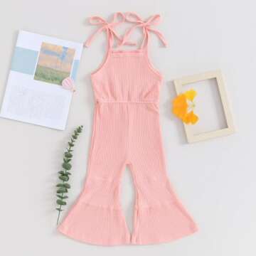 YOKJZJD Toddler Baby Girl Ribbed Knit Romper Sleeveless Jumpsuit Overalls Bell Bottom Pants Leggings Summer Outfits (Pink, 2-3 Years)