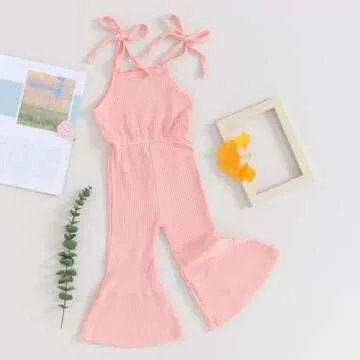 YOKJZJD Toddler Baby Girl Ribbed Knit Romper Sleeveless Jumpsuit Overalls Bell Bottom Pants Leggings Summer Outfits (Pink, 2-3 Years)