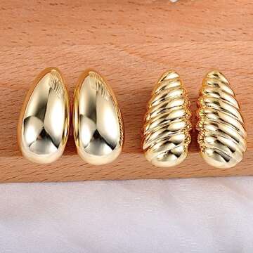 Teardrop Clip On Earrings Dupes Earring for Women Chunky Hoop Earing Hypoallergenic Lightweight Dangle Water Drop Set for Women