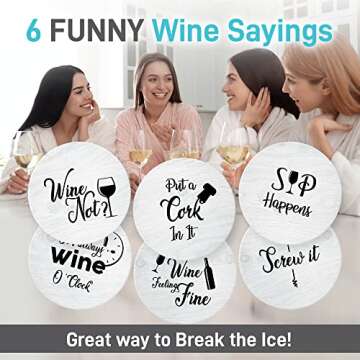 Coasters for Drinks Absorbents with Holder - 6 Pcs Gift Set with 6 Funny Sayings for Wine Lovers - Ceramic Stone with Corked Back, Unique Present for Housewarming, Living Room Decor