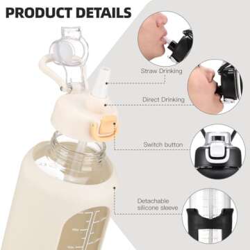chunmo 64 oz Glass Water Bolttles with Straw Half Gallon Large Motivational Water Bottle with Time Marker Sports Water Bottles with Silicone Sleeve and Handle Lid Water Jug for Gym Workout