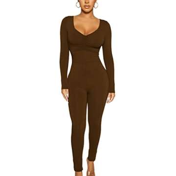 BORIFLORS Women's Sexy Long Sleeve Bodycon One Piece Jumpsuits Club Outfits V Neck Ruched Rompers,La...
