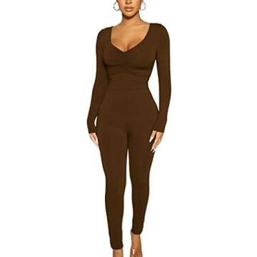 BORIFLORS Women's Sexy Long Sleeve Bodycon One Piece Jumpsuits Club Outfits V Neck Ruched Rompers,Large,Coffee