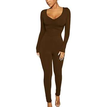 BORIFLORS Women's Sexy Long Sleeve Bodycon One Piece Jumpsuits Club Outfits V Neck Ruched Rompers,Large,Coffee