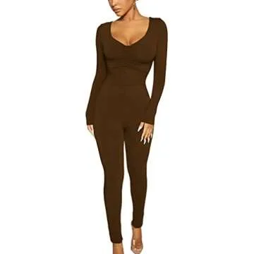 BORIFLORS Women's Sexy Long Sleeve Bodycon One Piece Jumpsuits Club Outfits V Neck Ruched Rompers,Large,Coffee