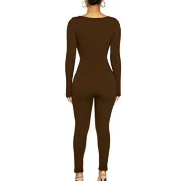 BORIFLORS Women's Sexy Long Sleeve Bodycon One Piece Jumpsuits Club Outfits V Neck Ruched Rompers,Large,Coffee