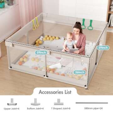 Baby Playpen for Infants and Toddlers, Spacious 59 x 59 Inch Grey with Mat