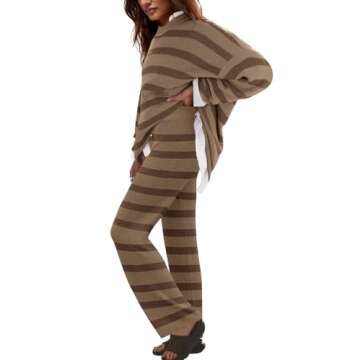 LAMISSCHE Oversized Womens Lounge Set Striped Sweater Set Long Sleeve 2 Piece Pajama Set Top and Pants with Pockets(D&Lt Brown,M)