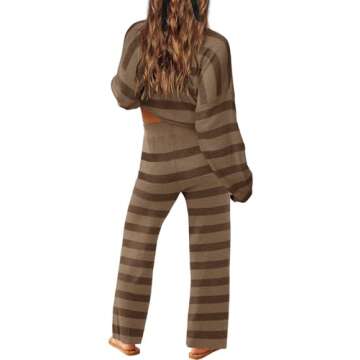 LAMISSCHE Oversized Womens Lounge Set Striped Sweater Set Long Sleeve 2 Piece Pajama Set Top and Pants with Pockets(D&Lt Brown,M)