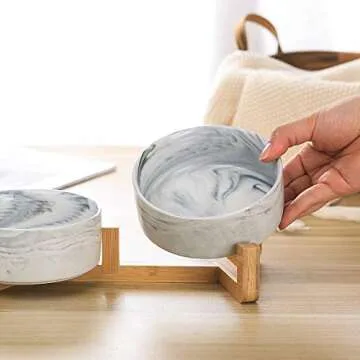 Marble Black Ceramic Cat Dog Bowl Dish with Wood Stand No Spill Pet Food Water Feeder Cats Small Dogs Set of 2