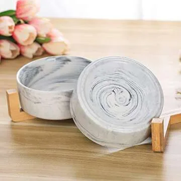 Marble Black Ceramic Cat Dog Bowl Dish with Wood Stand No Spill Pet Food Water Feeder Cats Small Dogs Set of 2
