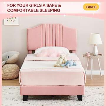 IDEALHOUSE Twin Bed Frame Upholstered Platform with Headboard, Strong Frame and Wooden Slats Support, Velvet Fabric Wrap, Non-Slip and Noise-Free,No Box Spring Needed, Easy Assembly, Pink