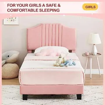 IDEALHOUSE Twin Bed Frame Upholstered Platform with Headboard, Strong Frame and Wooden Slats Support, Velvet Fabric Wrap, Non-Slip and Noise-Free,No Box Spring Needed, Easy Assembly, Pink
