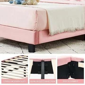 IDEALHOUSE Twin Bed Frame Upholstered Platform with Headboard, Strong Frame and Wooden Slats Support, Velvet Fabric Wrap, Non-Slip and Noise-Free,No Box Spring Needed, Easy Assembly, Pink