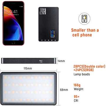 RGB LED Video Light, with Built-in Rechargeable Battery,Portable On Camera Light Panel with Aluminium Alloy Body,360° Full Color,CRI/TLCI≥97 2500-8500K,12 Lighting Effect Modes