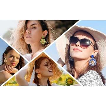 Raffia Flower Earrings,Boho Rattan Straw Wrapped Earrings Bohemian Raffia Drop Dangle Earrings State...