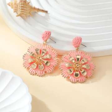 Raffia Flower Earrings,Boho Rattan Straw Wrapped Earrings Bohemian Raffia Drop Dangle Earrings Statement Cute Floral Summer Earrings Vacation Jewelry Teacher Gifts (Pink)