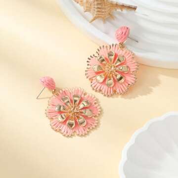 Raffia Flower Earrings,Boho Rattan Straw Wrapped Earrings Bohemian Raffia Drop Dangle Earrings Statement Cute Floral Summer Earrings Vacation Jewelry Teacher Gifts (Pink)