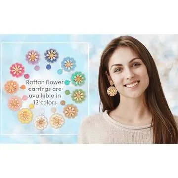 Raffia Flower Earrings,Boho Rattan Straw Wrapped Earrings Bohemian Raffia Drop Dangle Earrings Statement Cute Floral Summer Earrings Vacation Jewelry Teacher Gifts (Pink)