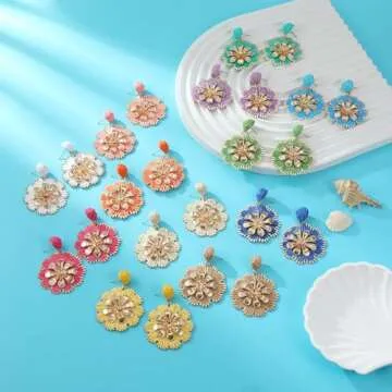 Raffia Flower Earrings,Boho Rattan Straw Wrapped Earrings Bohemian Raffia Drop Dangle Earrings Statement Cute Floral Summer Earrings Vacation Jewelry Teacher Gifts (Pink)