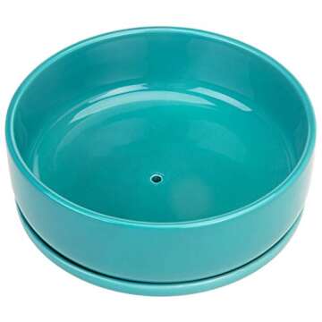 MyGift 8 Inch Turquoise Ceramic Indoor Planter Container with Drainage Hole and Removable Drip Tray, Round Succulent Cactus Herb Window Garden Plant Pot