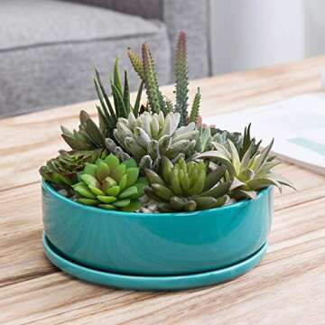 MyGift 8 Inch Turquoise Ceramic Indoor Planter Container with Drainage Hole and Removable Drip Tray, Round Succulent Cactus Herb Window Garden Plant Pot