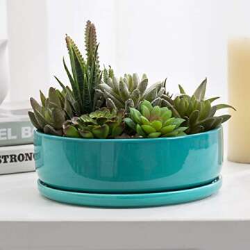 MyGift 8 Inch Turquoise Ceramic Indoor Planter Container with Drainage Hole and Removable Drip Tray, Round Succulent Cactus Herb Window Garden Plant Pot