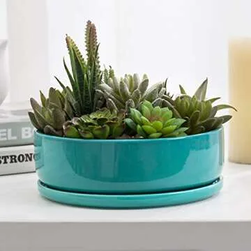 MyGift 8 Inch Turquoise Ceramic Planter with Saucer