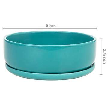 MyGift 8 Inch Turquoise Ceramic Indoor Planter Container with Drainage Hole and Removable Drip Tray, Round Succulent Cactus Herb Window Garden Plant Pot