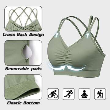 sicoozoe Women Cross Back Padded Sports Bra Seamless Removable Cups Workout Bra Ruched Front Running Bra Tops,3 Pack,XL