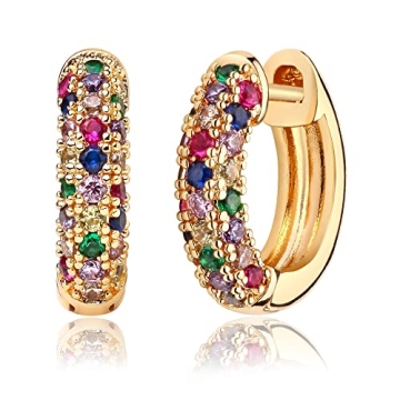 MEVECCO Dainty Women Gold CZ Huggie Hoop Earrings 18K Gold Plated White Multicolor Diamond Cubic Zri...