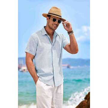 COOFANDY Men's Button Up Shirt - Casual Short Sleeve Linen Beach Vacation Shirt in Blue
