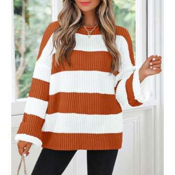 ZESICA Women's Fall Long Sleeve Crew Neck Striped Color Block Comfy Loose Oversized Knitted Pullover Sweater,Orange,Medium