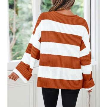 ZESICA Women's Fall Long Sleeve Crew Neck Striped Color Block Comfy Loose Oversized Knitted Pullover Sweater,Orange,Medium