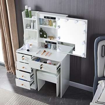 Dradaomull Makeup Vanity Table with Lighted Mirror and Charging Station, Large Makeup Desk with Lots Storage and Stool, 3 Lighting Modes Dressing Table for Bedroom