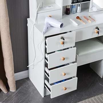 Dradaomull Makeup Vanity Table with Lighted Mirror and Charging Station, Large Makeup Desk with Lots Storage and Stool, 3 Lighting Modes Dressing Table for Bedroom