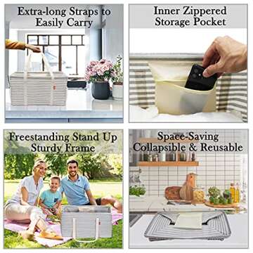 LHZK 2 Pack Extra Large Utility Tote Bag with Metal Wire Frame and the Sides Rinforced, Extra Large Tote Bag with Handle for Pool Beach Laundry Storage (Gray)