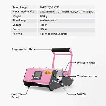 Craft Express Tumbler Heat Press Machine Sublimation Pink Mug Press for Straight 11 OZ 15 OZ 20 OZ 30 OZ Sublimation Skinny Tumblers Ceramic Glass Mugs Water Bottles Heat Press