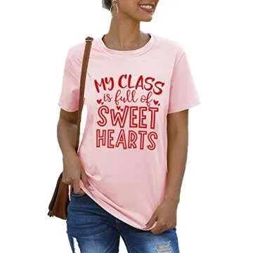 Valentine Teacher T-Shirts Women My Class is Full of Sweethearts Shirt Casual Loose Short Sleeve Tees Tops (Pink, Medium)