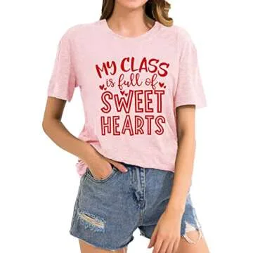 Valentine Teacher T-Shirts Women My Class is Full of Sweethearts Shirt Casual Loose Short Sleeve Tees Tops (Pink, Medium)