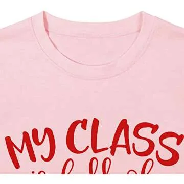 Valentine Teacher T-Shirts Women My Class is Full of Sweethearts Shirt Casual Loose Short Sleeve Tees Tops (Pink, Medium)